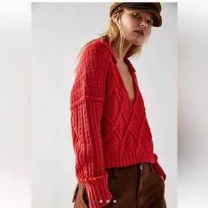 FREE PEOPLE NWOT Traveler Cable Pullover sweater MEDIUM in fiery red